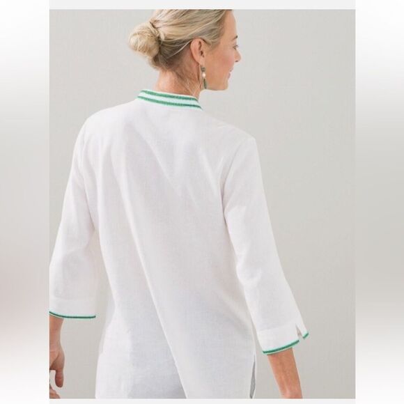 Chico's Embellished Linen Tunic Top Sz 2 Us 12/14 Green Blue Beading White NWOT - Picture 3 of 5